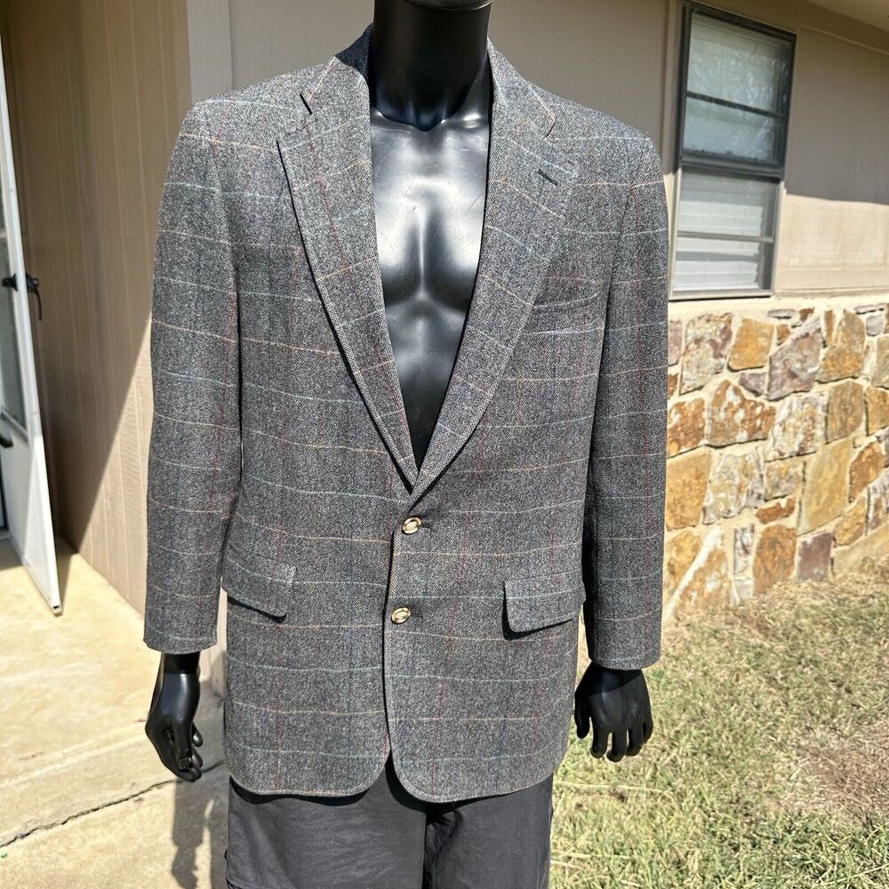 Palm‎ Beach Wool Blazer Mens 44R Windowpane Gray Sport Coat 2 Button Blazer
